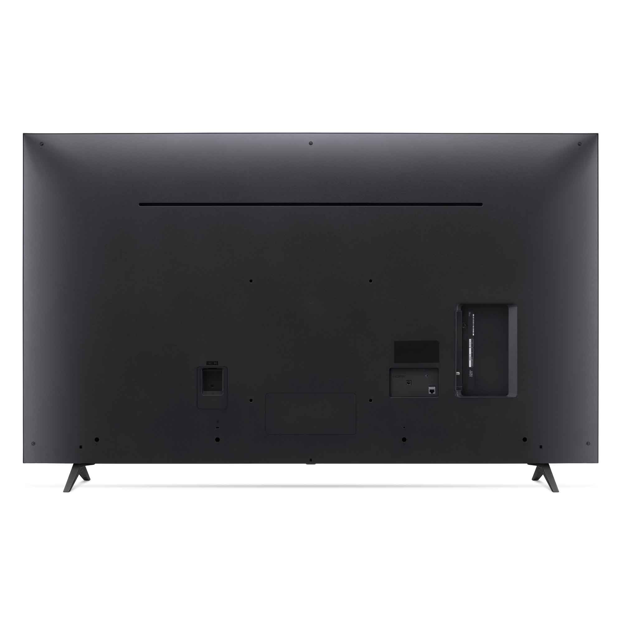 La parte trasera de un televisor LG negro. Tiene varios puertos y un enchufe. Tiene patas.