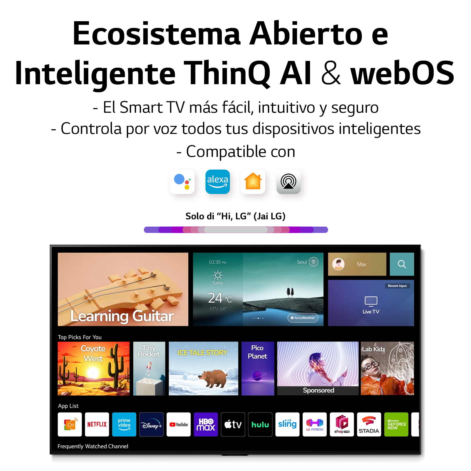 Pantalla de Smart TV mostrando varias aplicaciones y opciones. Texto sobre Thinq AI & webOS.