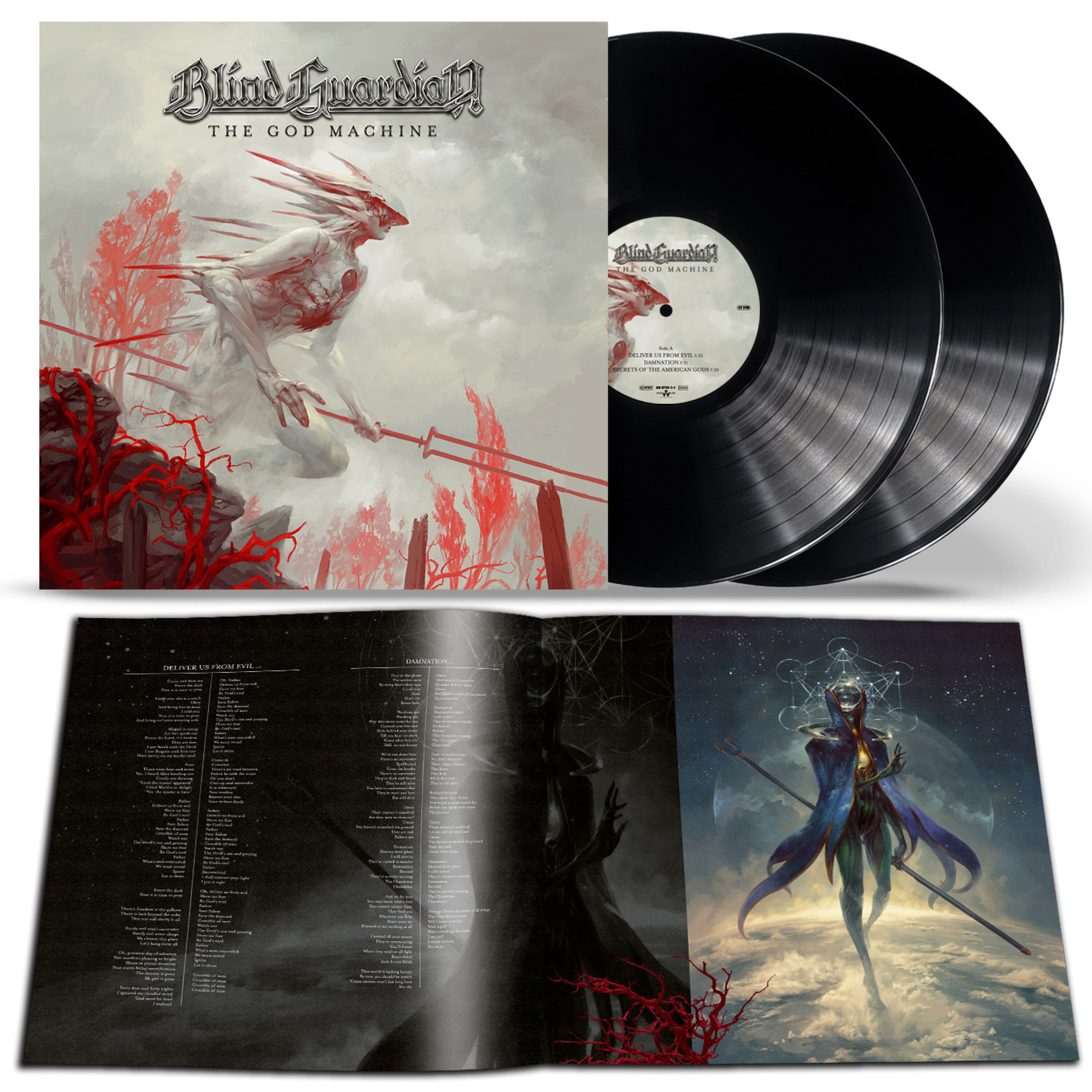 Albumcover und Schallplatten mit Kunstwerk einer Figur und Text.