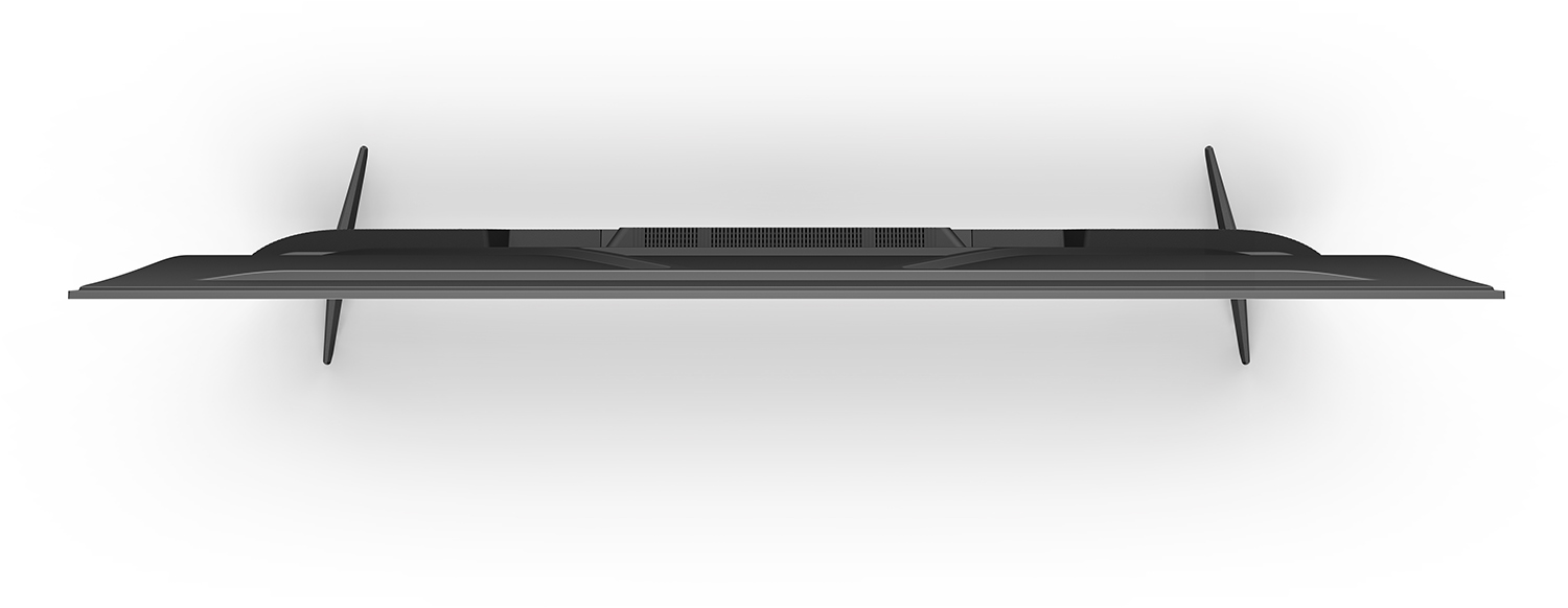Top-down view of a black TV. The TV is rectangular and has two legs. It's on a white background.