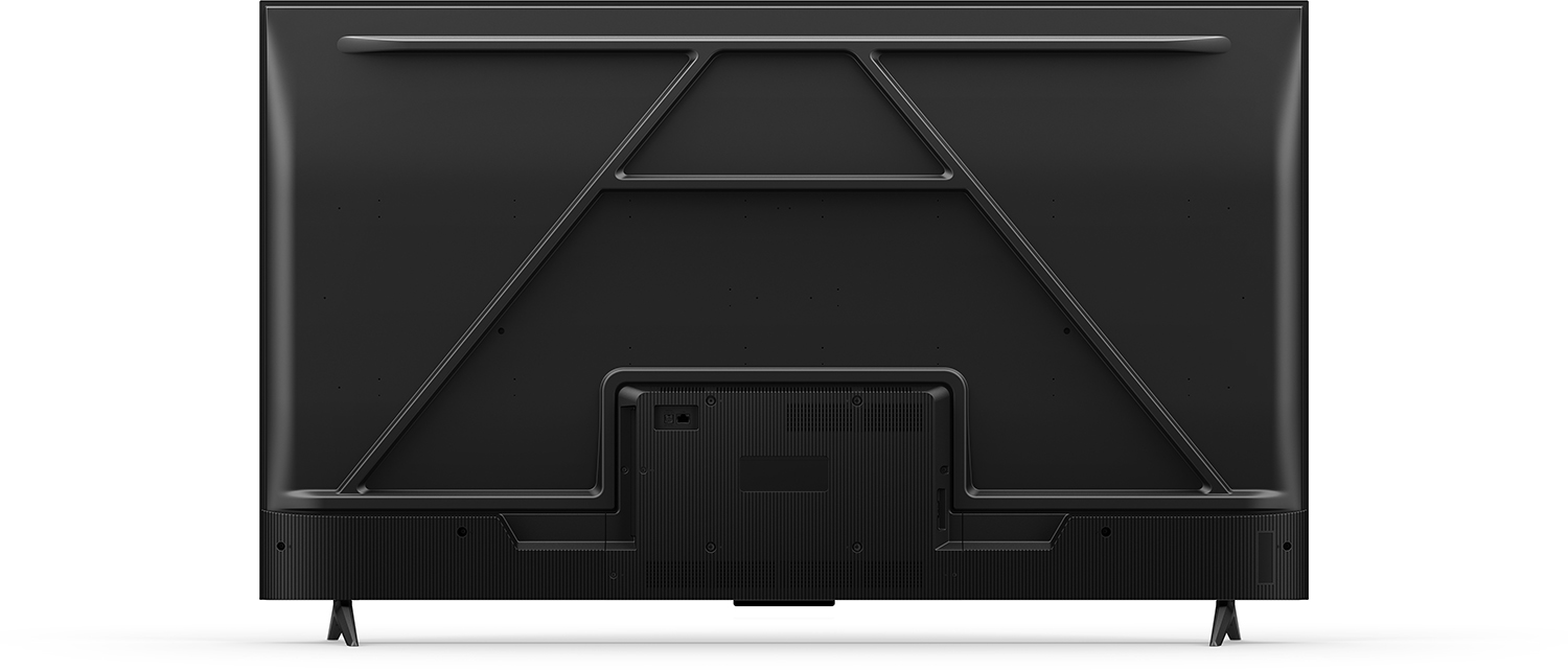 Back of a black TV with a geometric metal frame and a rectangular port area.