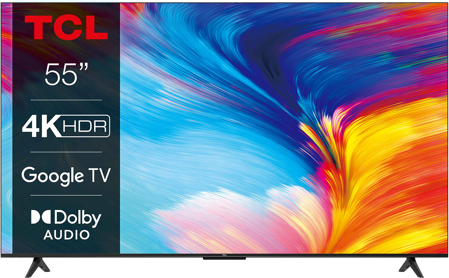 Een grote TCL tv met een kleurrijk scherm. Tekst op het scherm: 55", 4K HDR, Google TV.