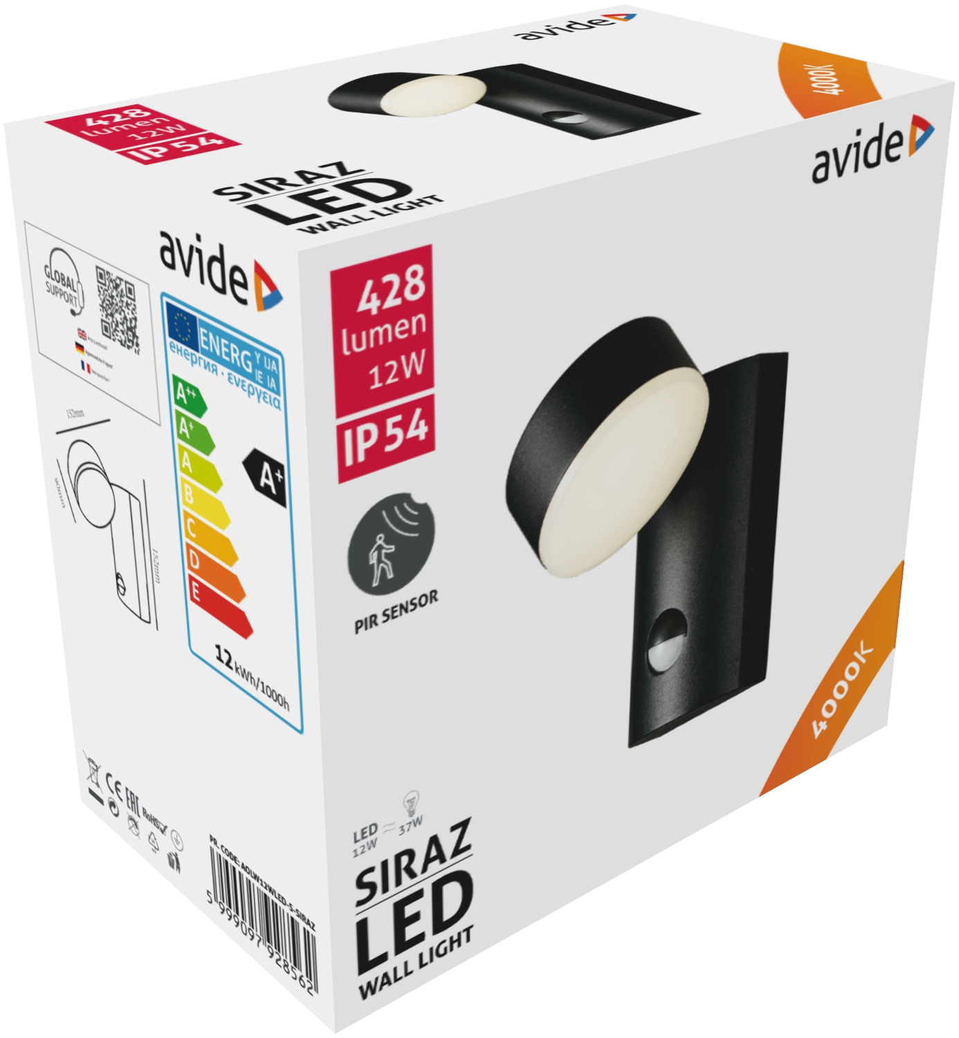 Fehér doboz fekete fali lámpával és szöveggel. A 'SIRAZ LED WALL LIGHT' felirat látható.