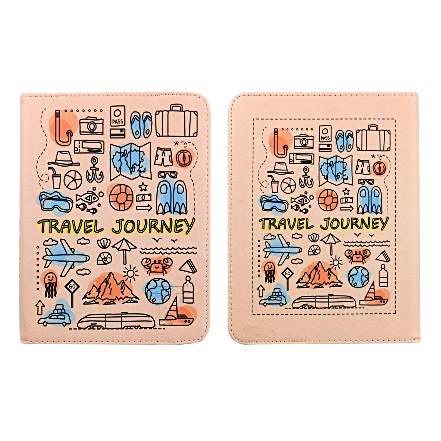 Dos diarios de viaje con ilustraciones temáticas y las palabras 'TRAVEL JOURNEY'.