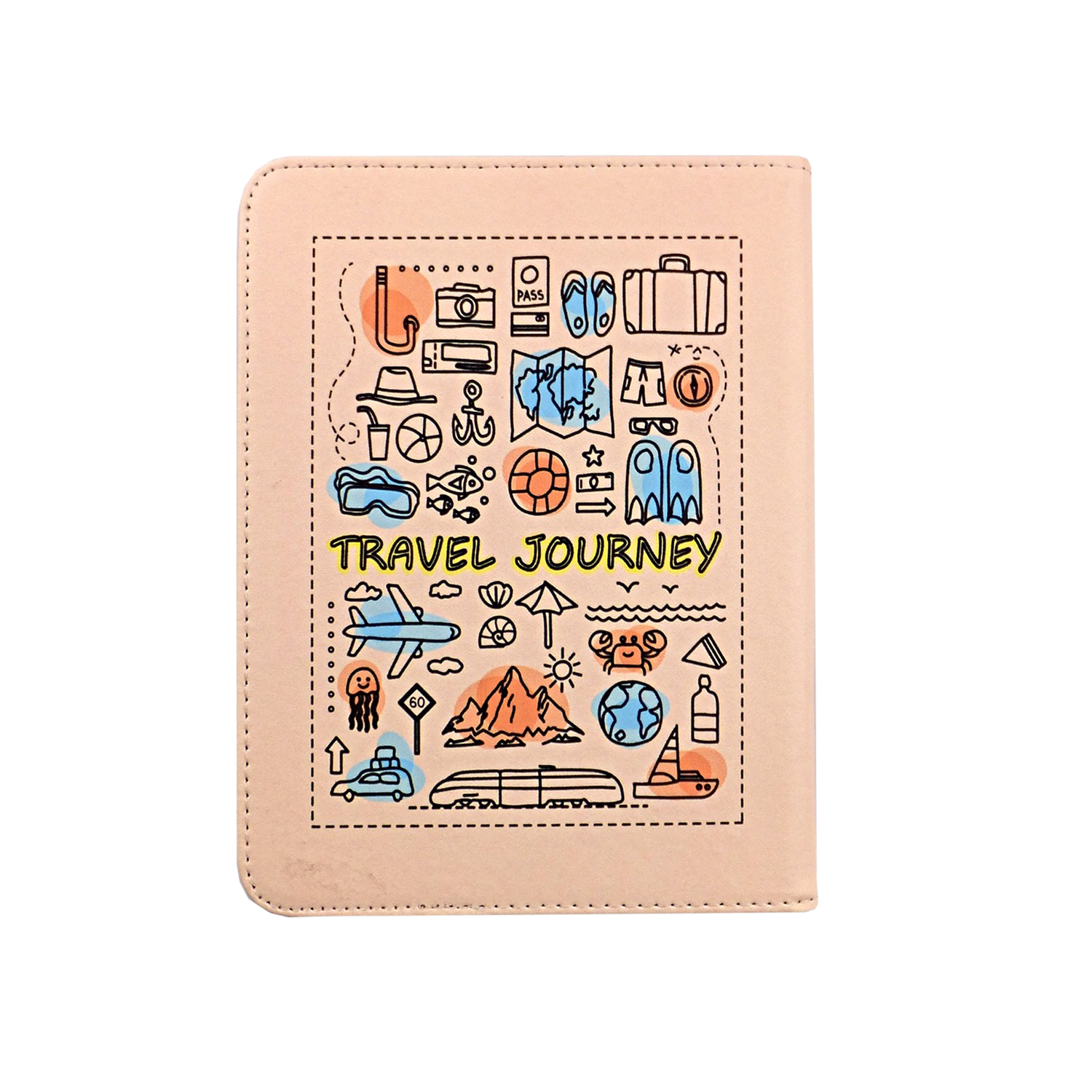 Un portapasaporte con garabatos temáticos de viajes. Presenta un avión, una maleta, un mapa y varios iconos.