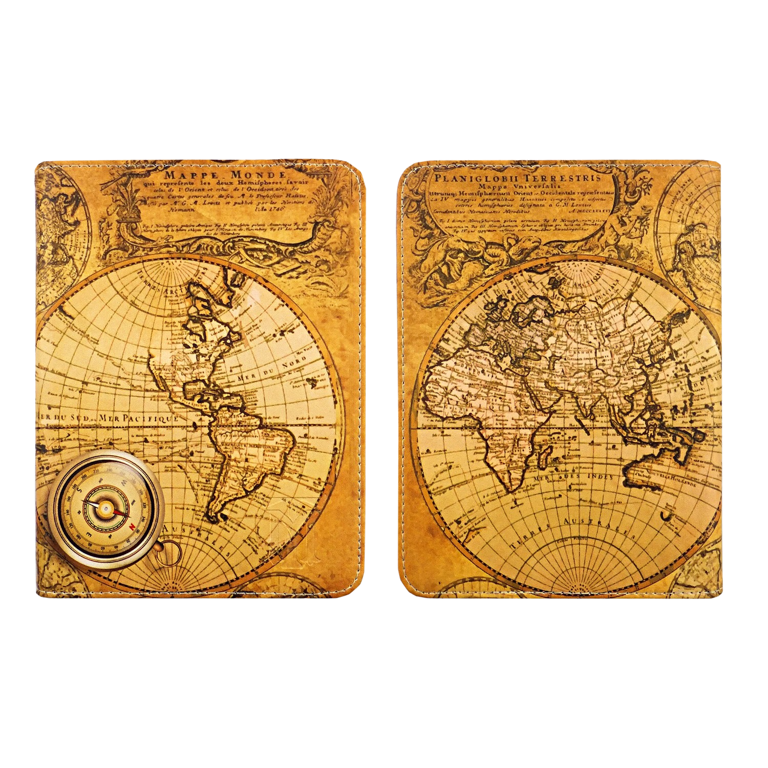 Dos paneles que muestran un mapa del mundo. Uno abierto con una brújula, otro cerrado. Fondo marrón.