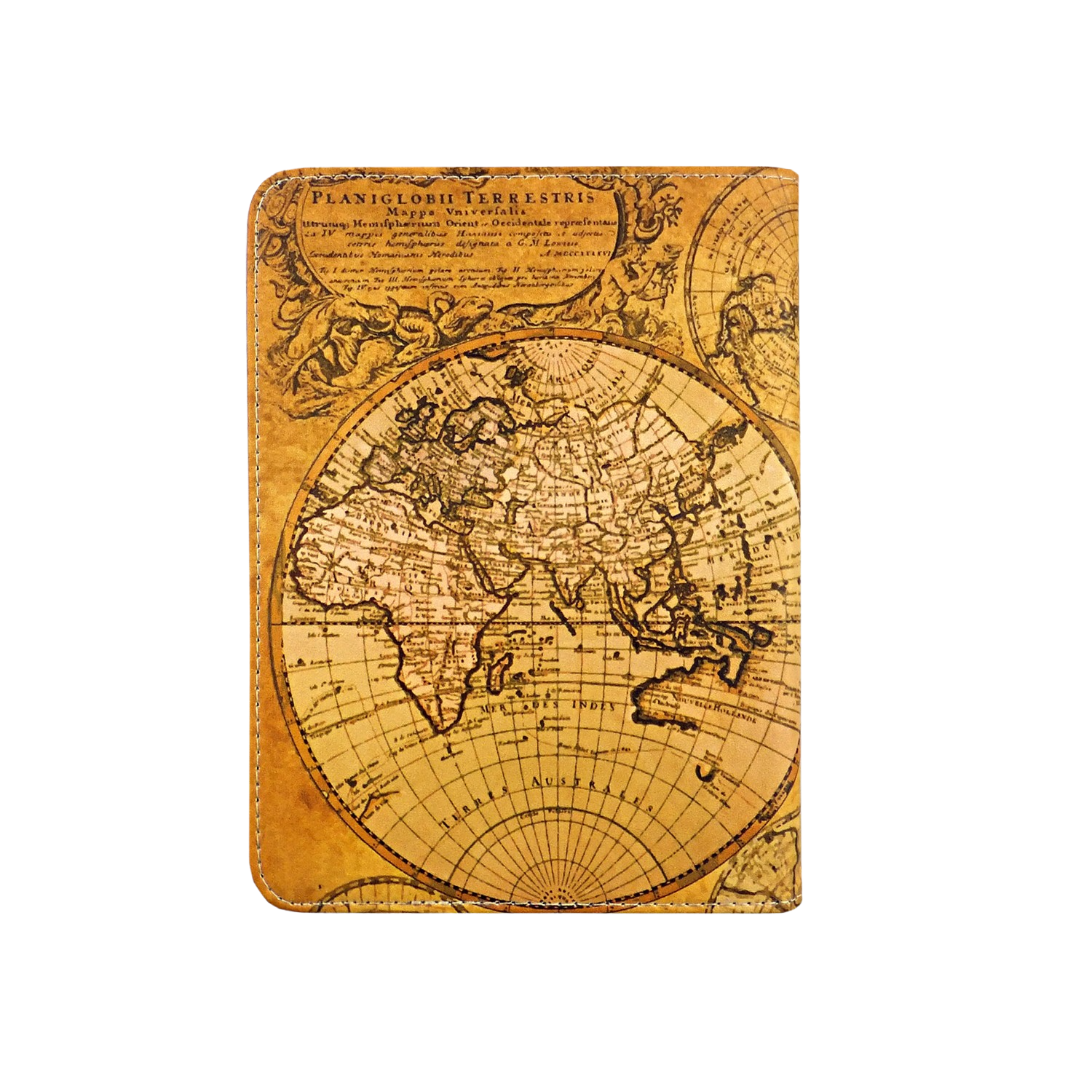 Funda de pasaporte de cuero con diseño de mapa del mundo vintage.