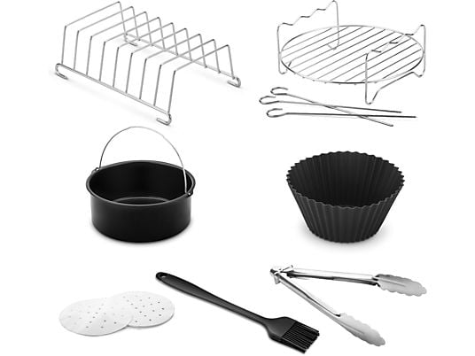 Accesorio freidora - Ufesa 72805519, Set de 7 piezas, Moldes, Pinzas, Bandeja, Papel vegetal, Pincel, Negro/Plata