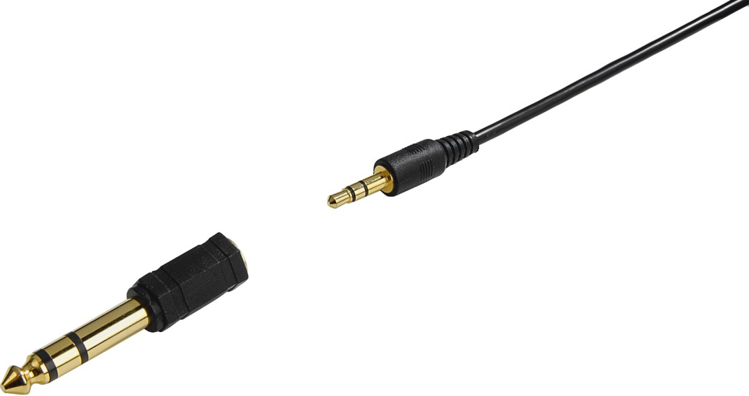 Audio-Klinkenstecker mit Goldspitze und ein schwarzes Kabel mit angeschlossenem Stecker.