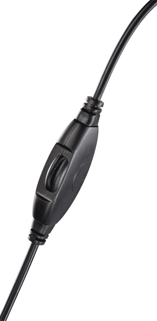 Ein schwarzes Kabel mit Lautstärkeregler und kleinem Rad.