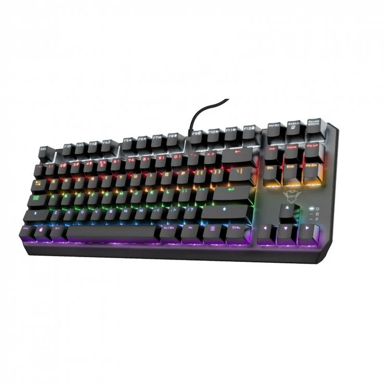 Teclado negro con teclas coloridas, teclas iluminadas y un cable negro.