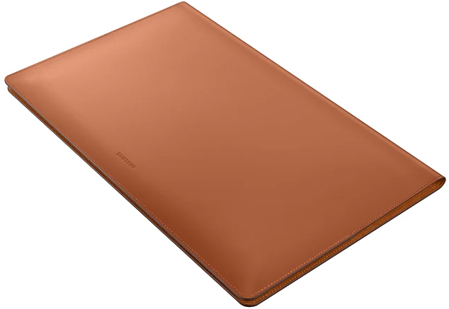 A brown leather Samsung laptop sleeve.
