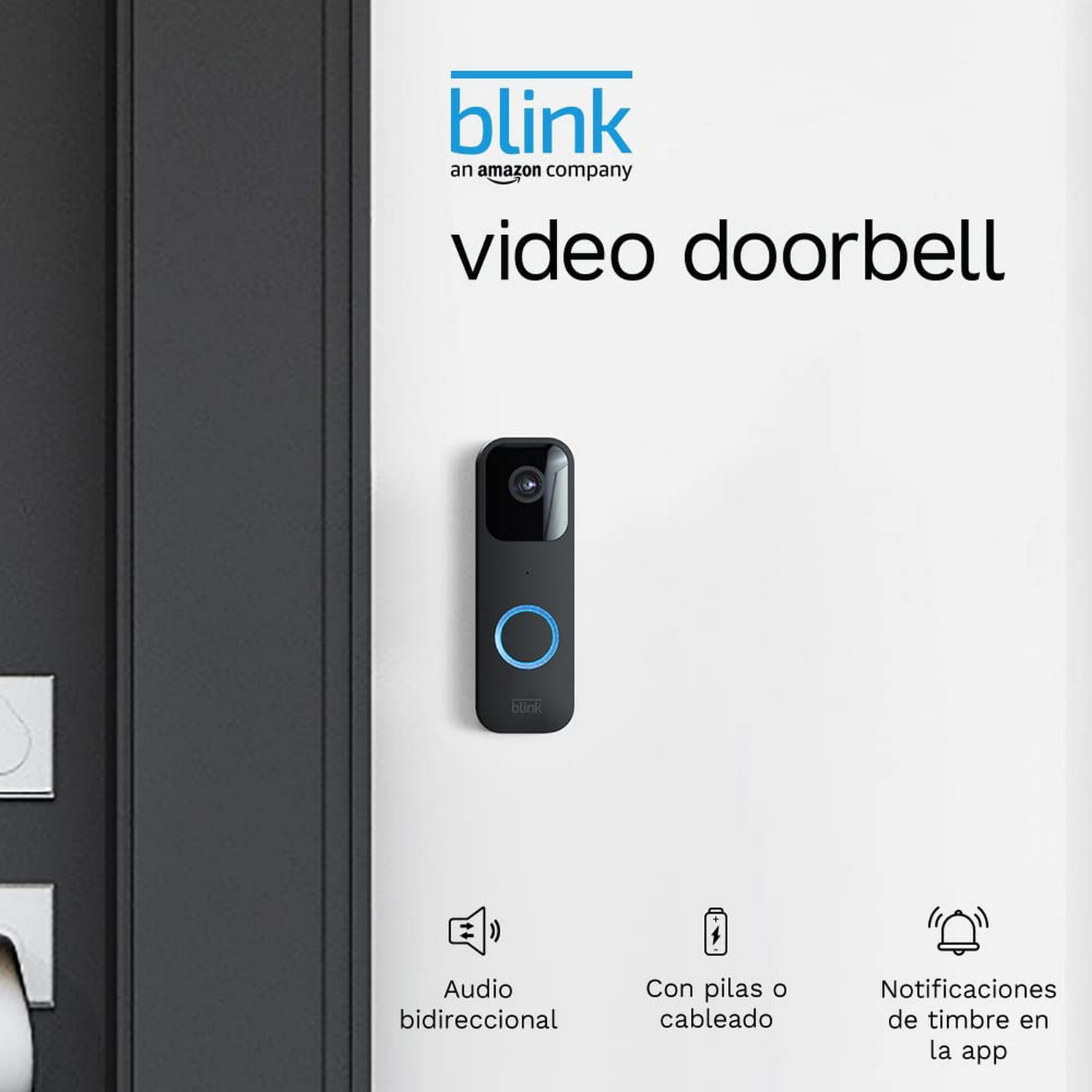 Un timbre de video negro con una luz azul e iconos.