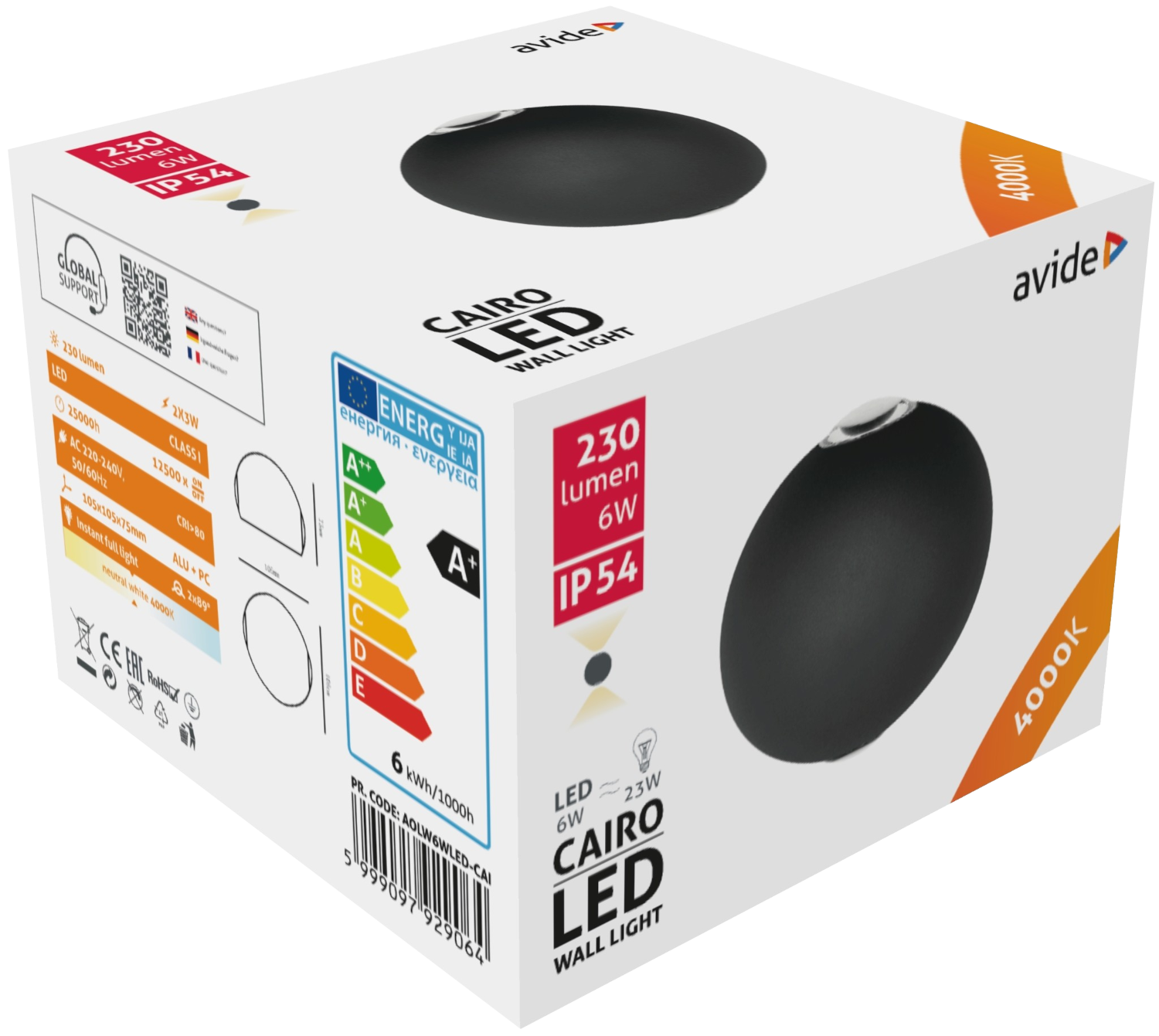 Fekete Cairo LED fali lámpa doboza, 230 lumen, 6W, IP54. A dobozon energiahatékonysági címkék láthatók.
