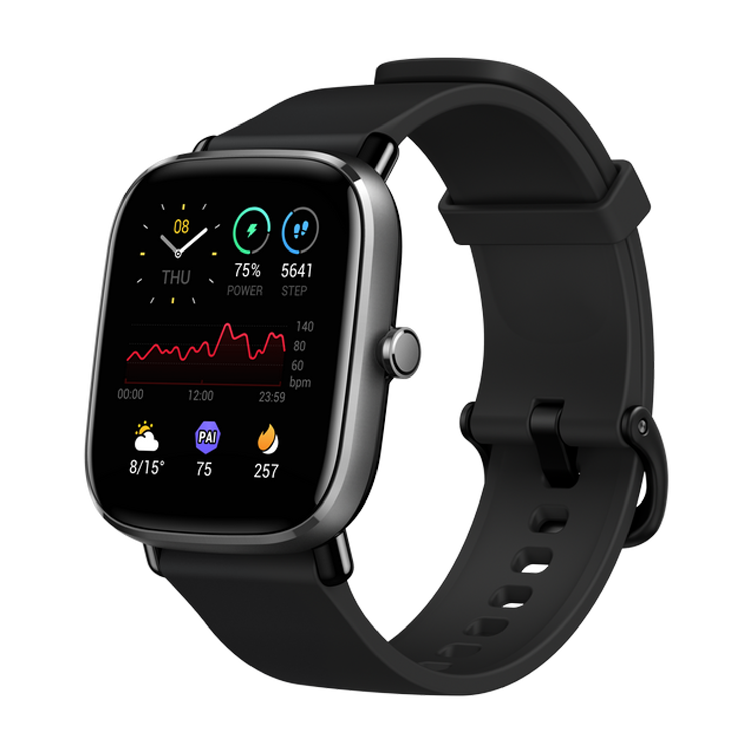 Reloj inteligente con correa negra. Muestra la hora, la frecuencia cardíaca y otros datos de fitness.
