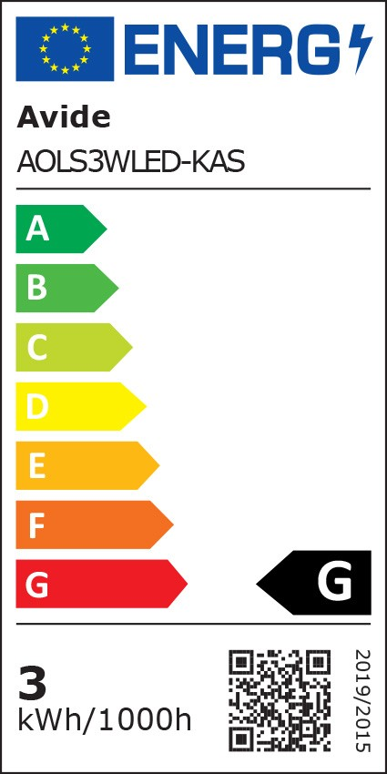 Energia címke, amely A-tól G-ig terjedő besorolásokat mutat egy Avide LED lámpához.