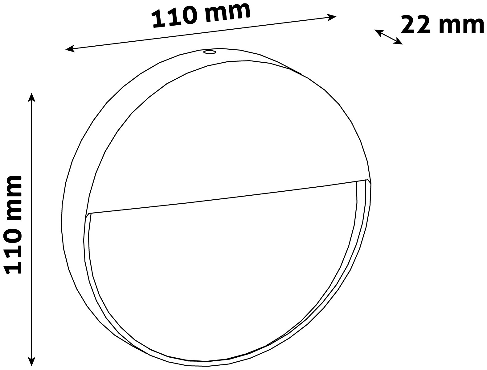 Egy fehér tárgy félkörös kialakítással. Méretek: 110 mm x 110 mm x 22 mm.
