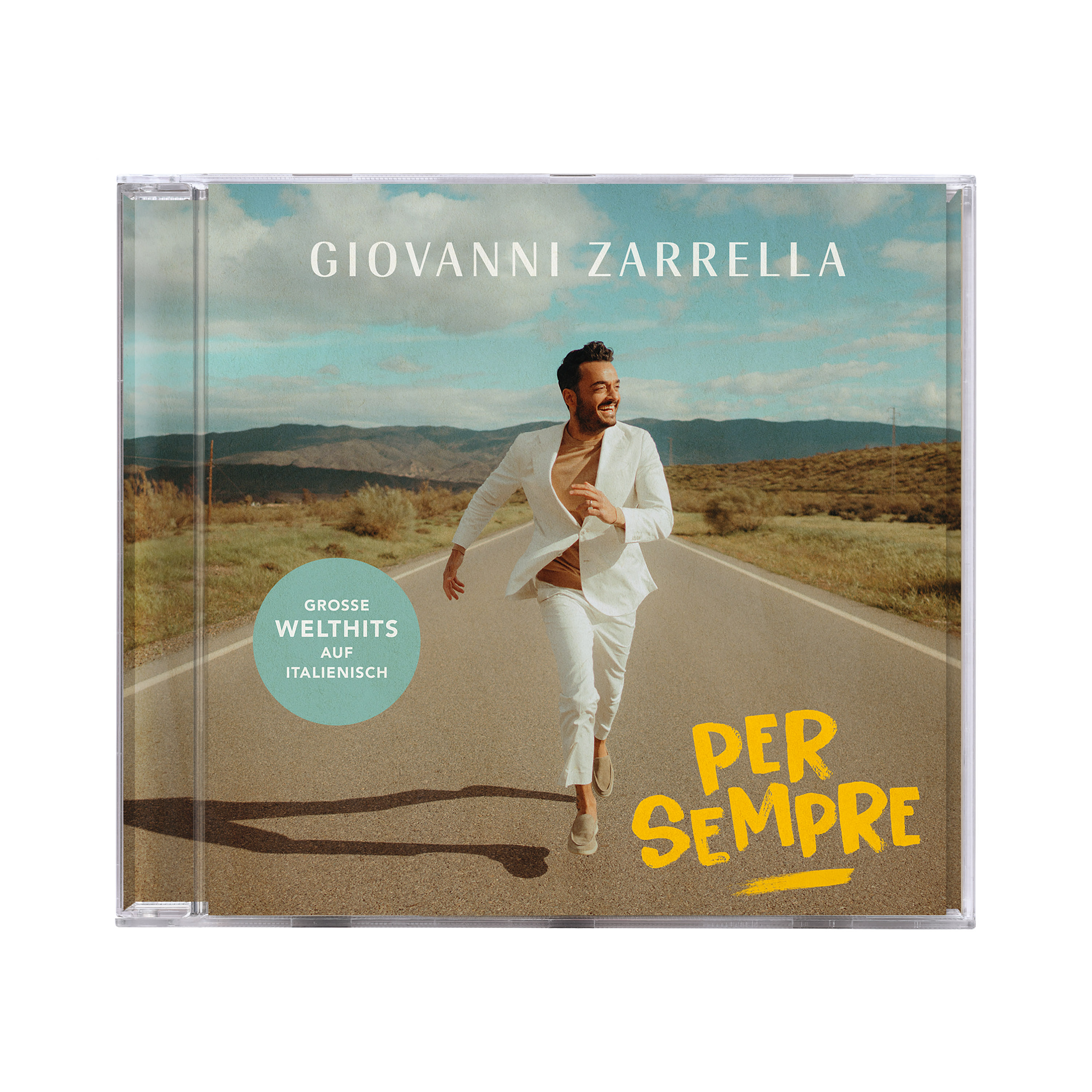 CD-Cover mit einem Mann in weißem Anzug, der auf einer Straße rennt.