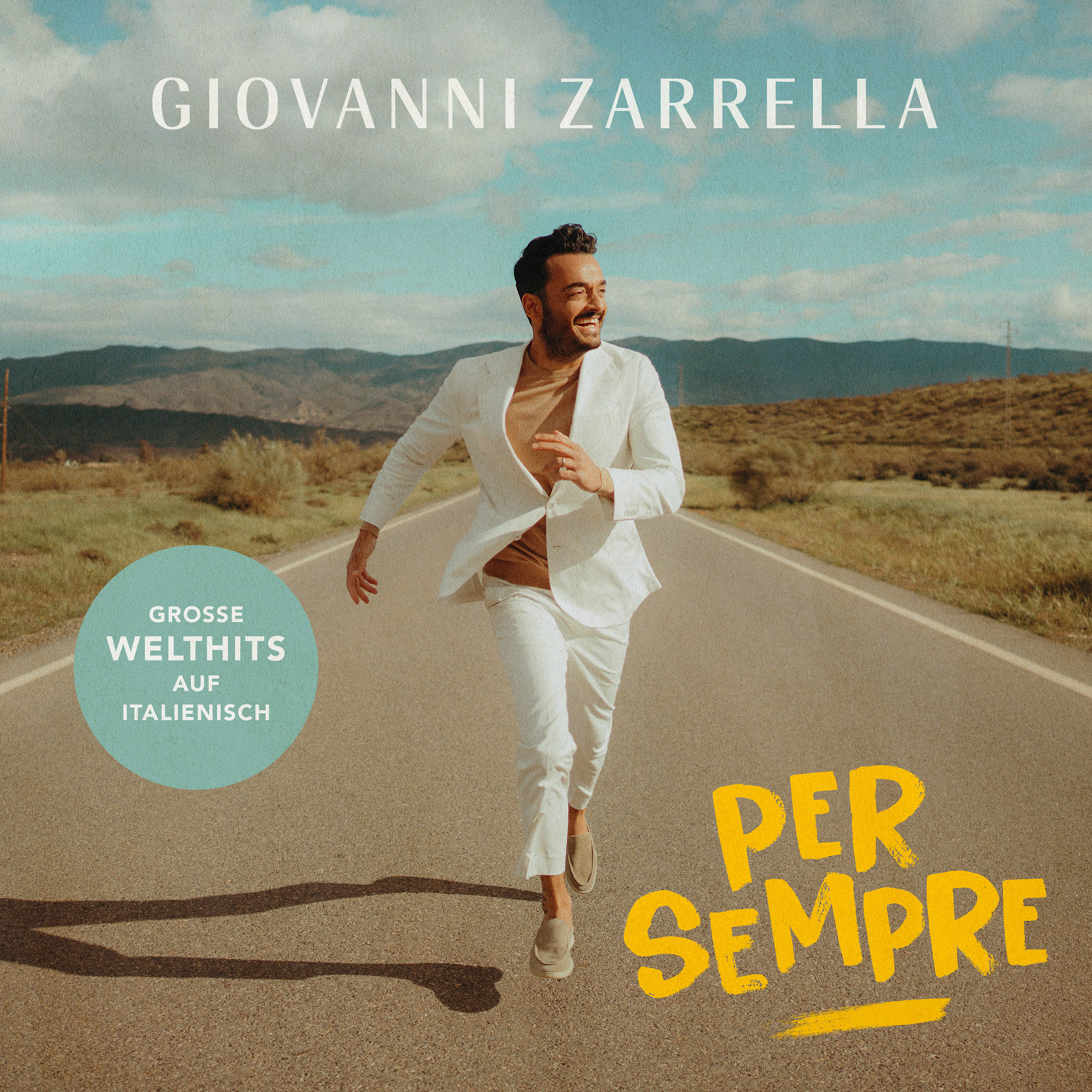 Mann rennt auf einer Straße. Text: Giovanni Zarrella, Per Sempre und Große Welthits auf Italienisch.