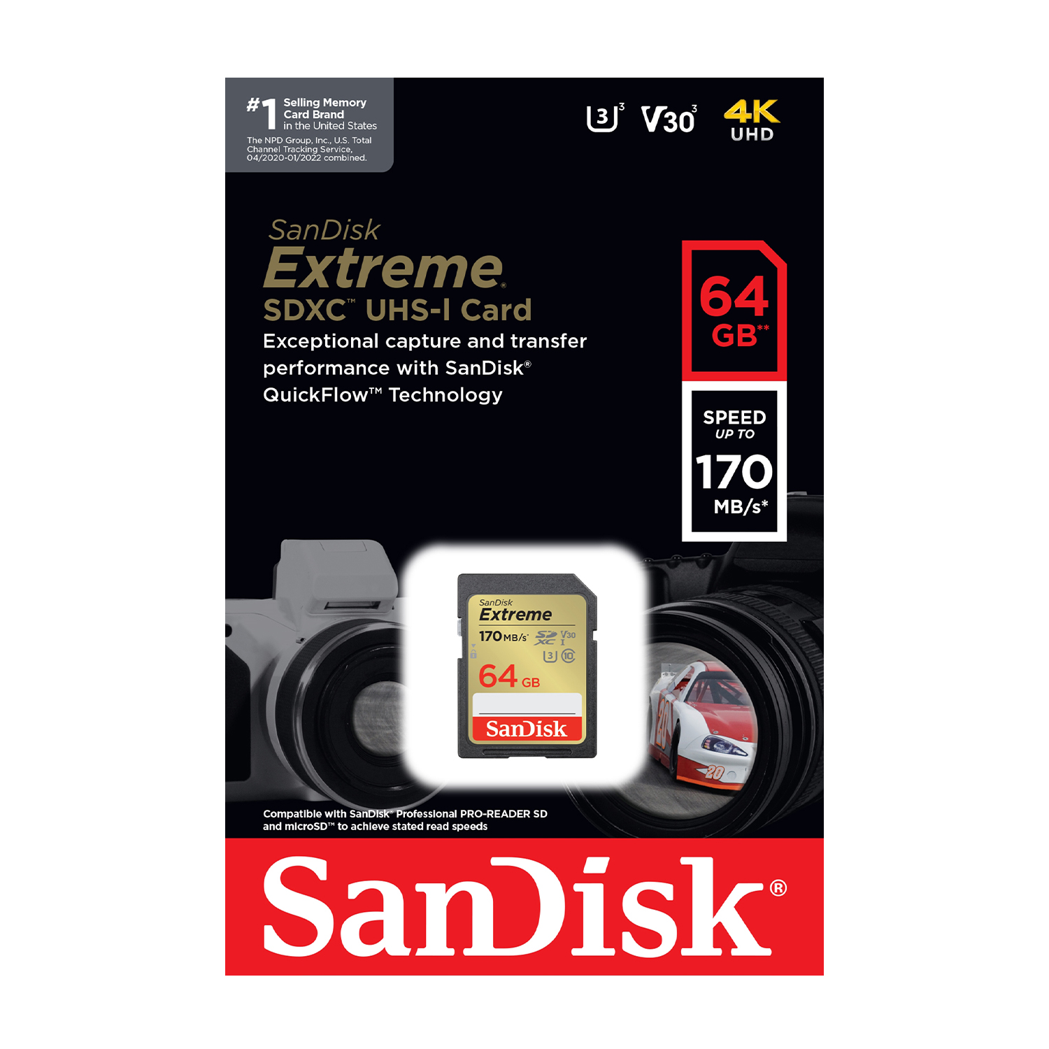 Confezione per una scheda SD Sandisk Extreme. Include scheda, specifiche e un'illustrazione della fotocamera.