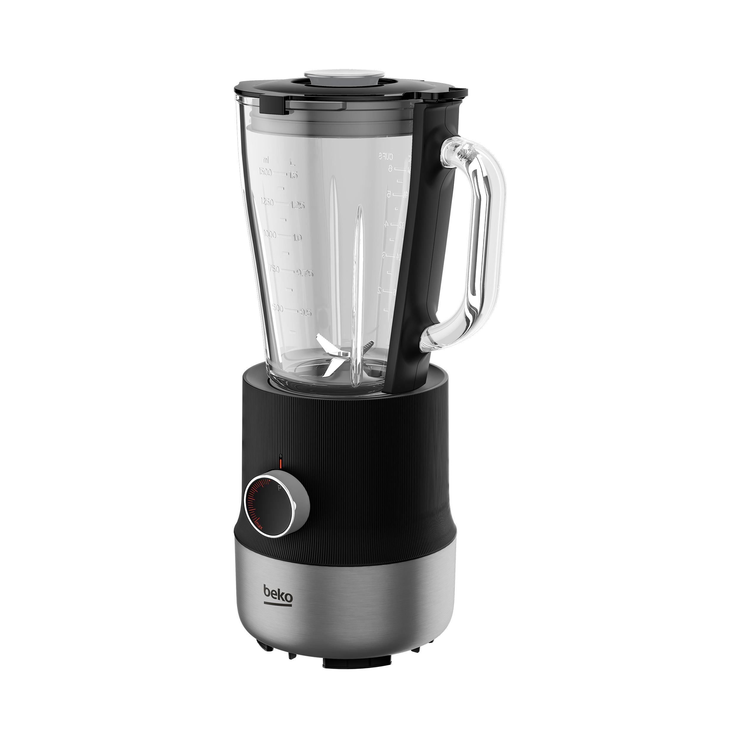 Ein schwarz-silberner Mixer mit Glaskrug und schwarzem Sockel.
