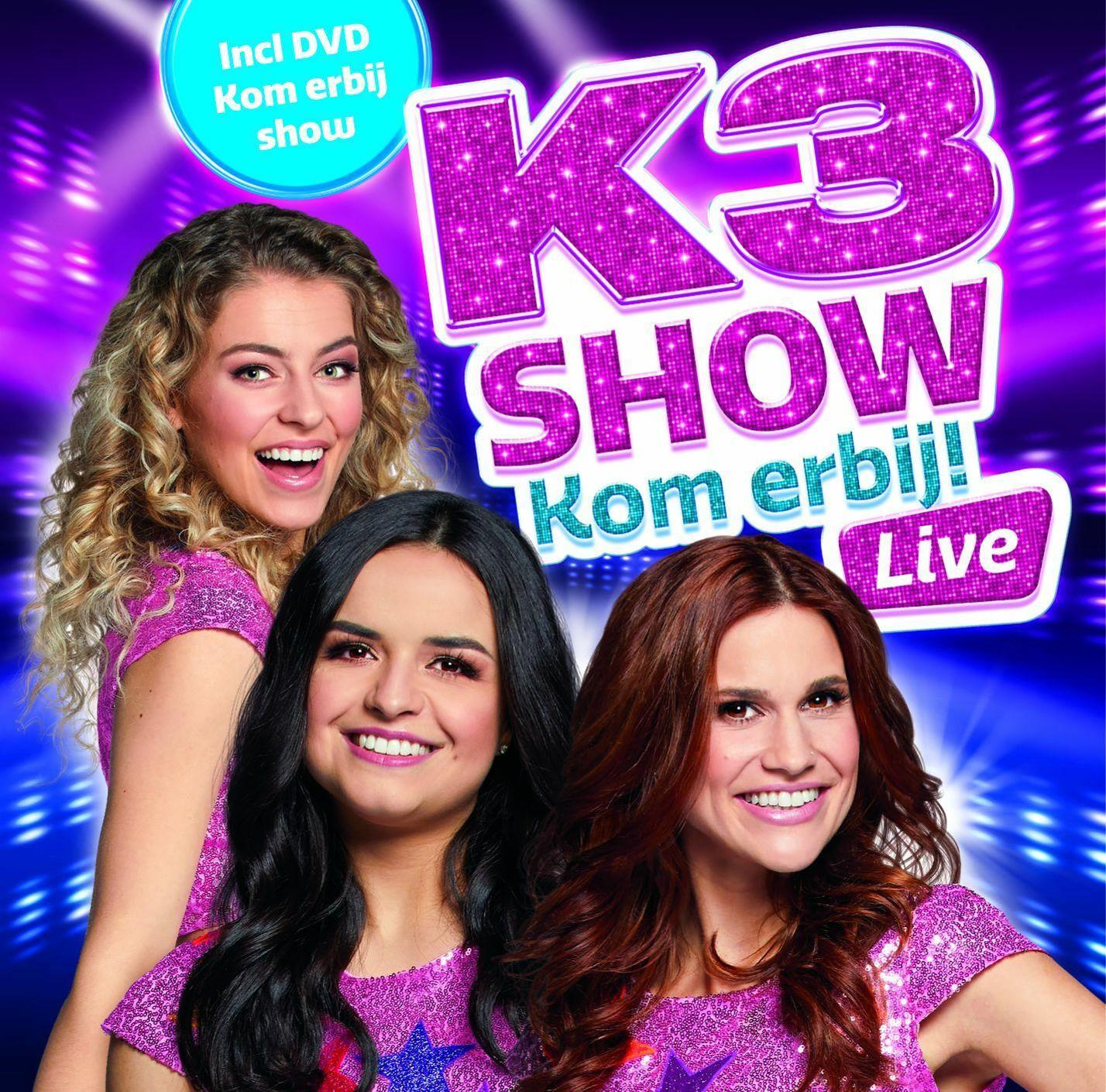 Albumhoes met drie lachende vrouwen in roze outfits, met de titel K3 Show.