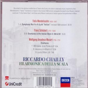 Egy CD tok hátlapja. Mendelssohn, Schubert és Mozart zeneműveit sorolja fel, előadói információkkal.