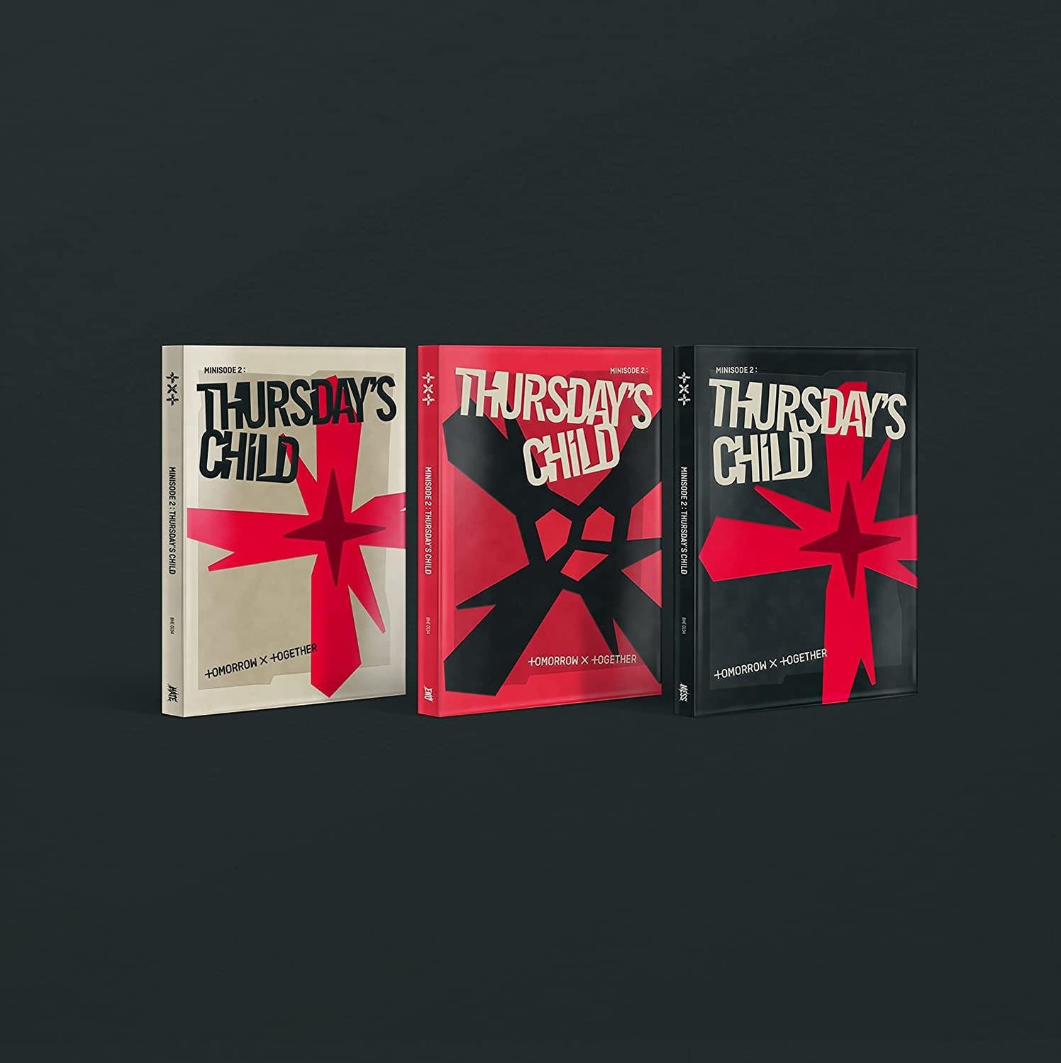 Három album borító a 'THURSDAY'S CHILD' címmel, piros és fehér színvilág.