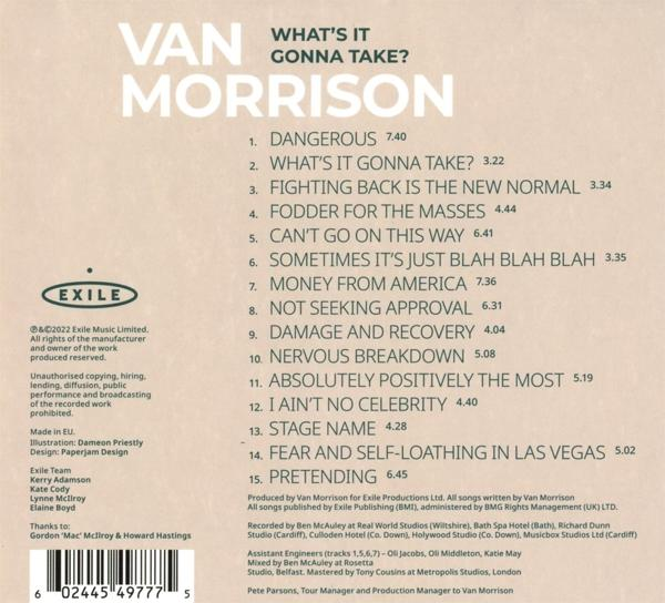 Rückseite eines CD-Covers mit Songtiteln und Credits für Van Morrisons Album 'What's It Gonna Take?'.