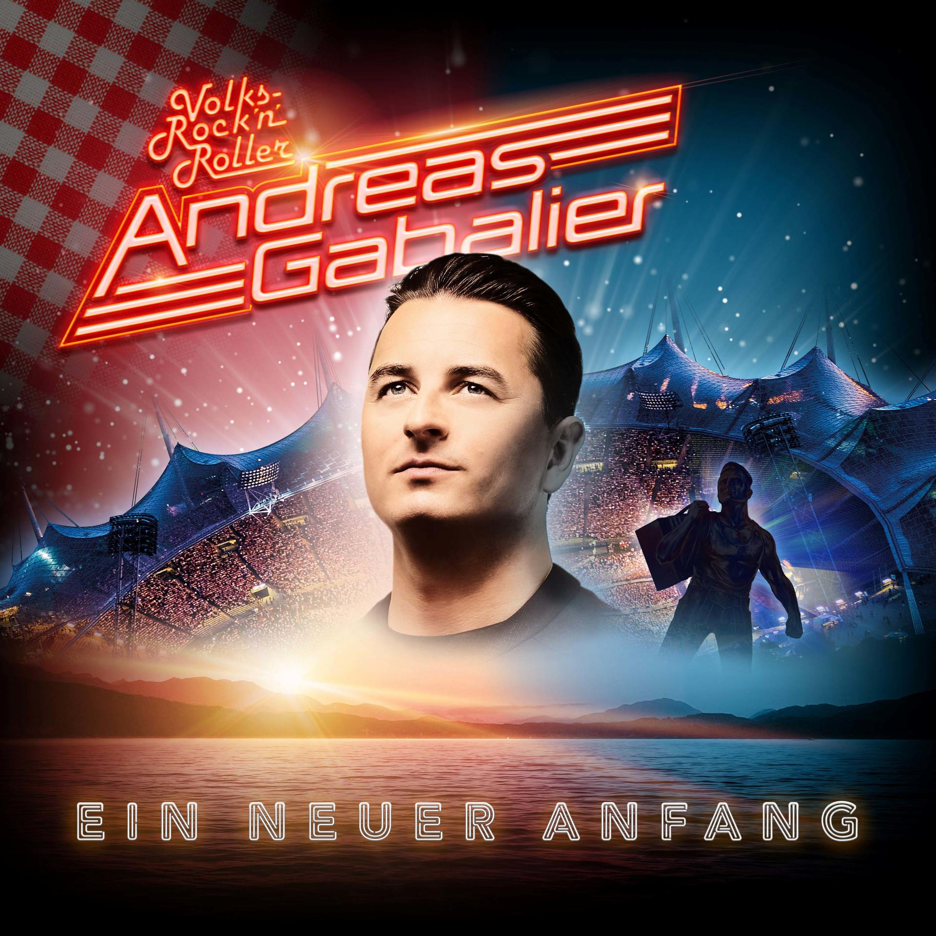 Ein Mann blickt nach oben vor einem Stadion, einer Silhouette und Text.