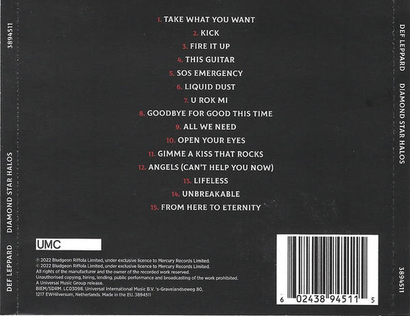 Achterkant van een Def Leppard CD. De titels van de nummers staan vermeld. Witte achtergrond.