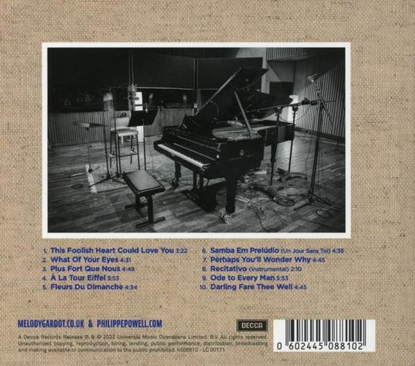 Albumhoes, zwart-wit foto van een piano en twee microfoons. Tekst geeft de titels van de nummers weer.