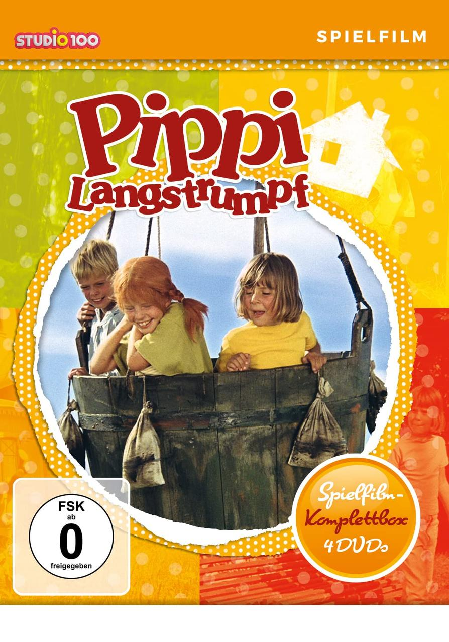 Pippi Langstrumpf DVD-Cover. Drei Kinder in einem Holzfass. Gelber Hintergrund.