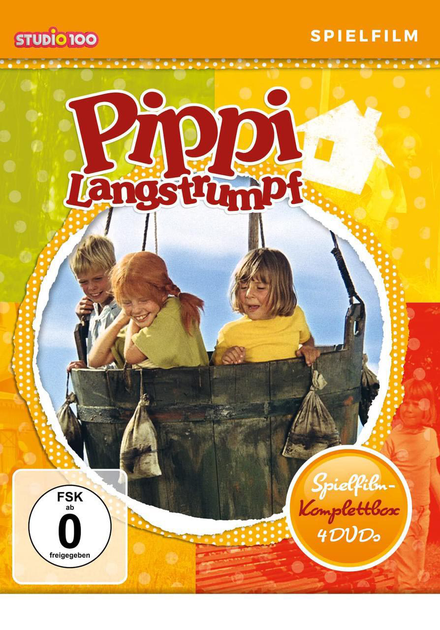 DVD-Cover von Pippi Langstrumpf. Drei Kinder sind in einem Fass. Heller gelber und roter Hintergrund.