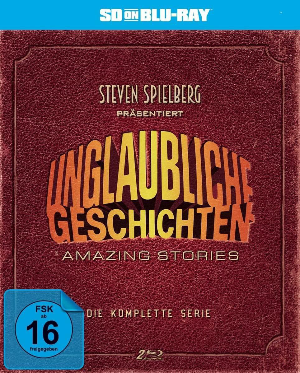 Blu-ray-Cover: Titel 'Unglaubliche Geschichten', Steven Spielberg. Rote und gelbe Farben.