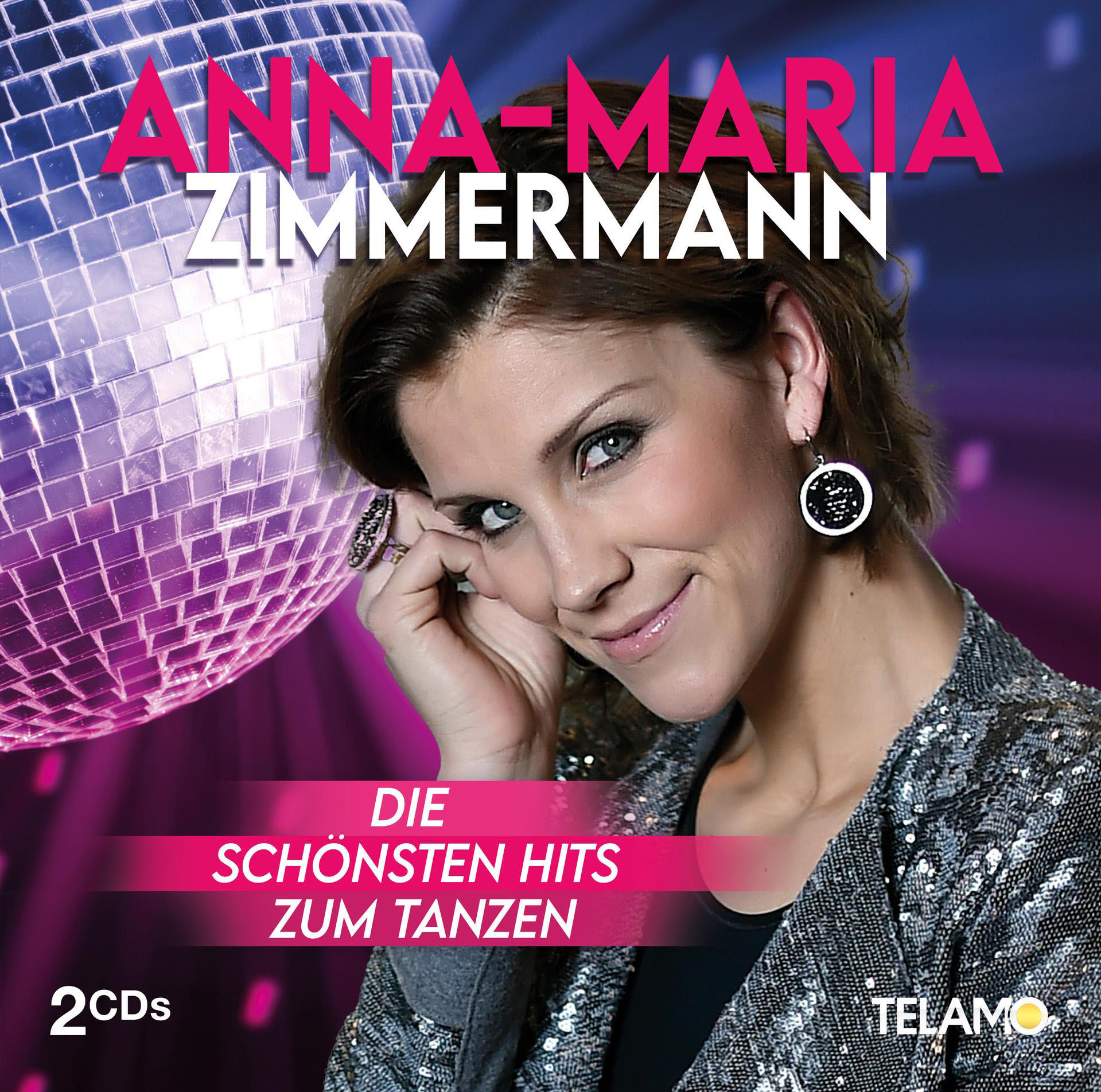 Albumcover mit lächelnder Frau, Discokugel und Text 'Anna-Maria Zimmermann' und 'Die Schönsten Hits'.
