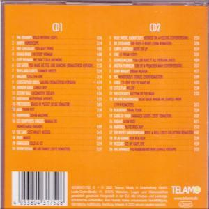 CD-Hülle hinten mit Titellisten und Informationen in Orange und Weiß. Text auf der Rückseite.