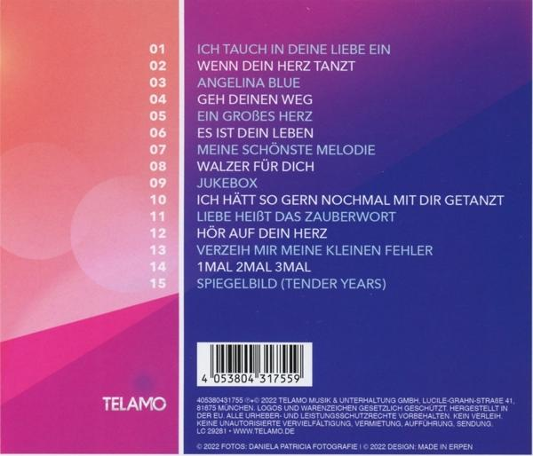 CD-Hülle mit Titelliste auf Deutsch. Rosa- und Lila-Verläufe oben und unten.