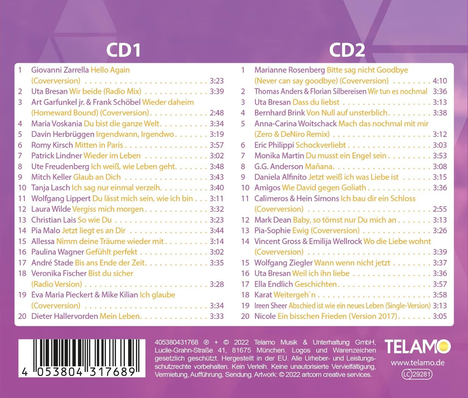 CD-Hülle mit Titelliste. CD1 und CD2 befinden sich rechts. Telamo-Logo unten rechts.