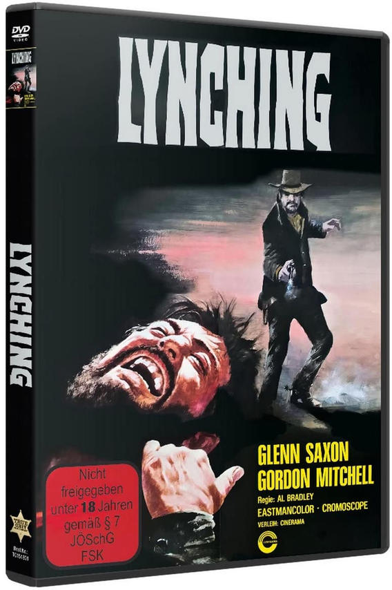 DVD-Cover von 'Lynching'. Mann mit Pistole, Mann mit schreiendem Gesicht. Text auf Deutsch und Englisch.