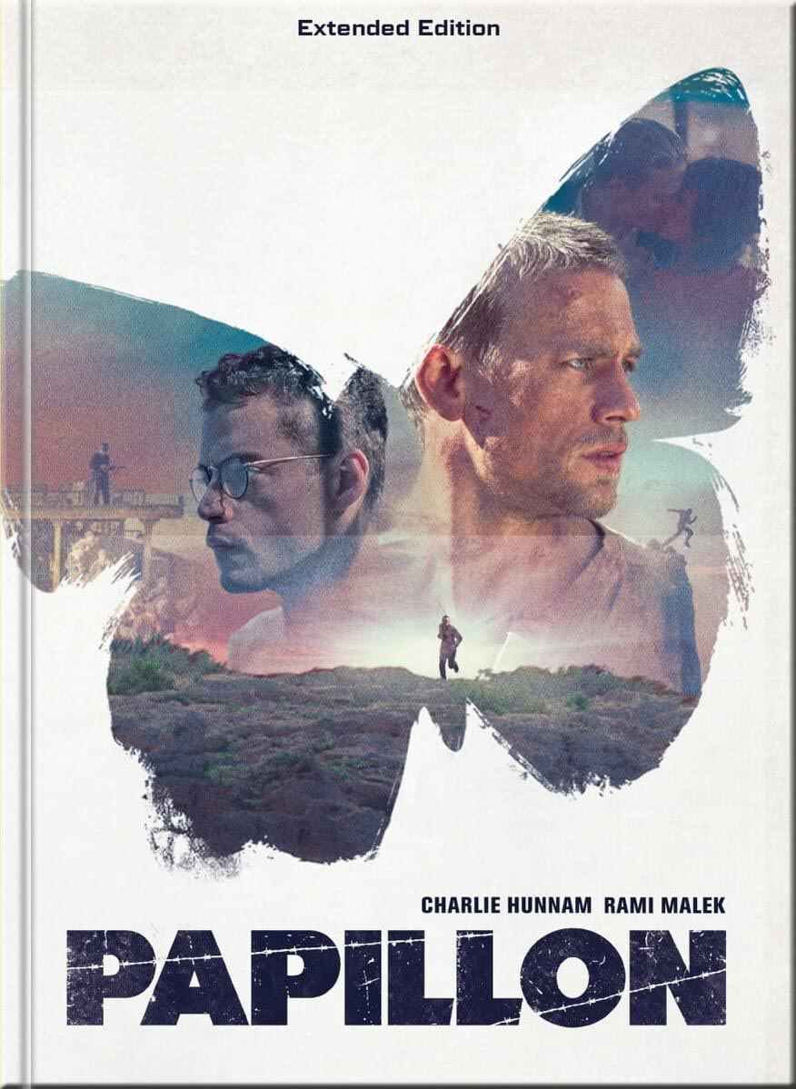 Filmcover für Papillon. Es zeigt ein schmetterlingsförmiges Bild mit den Gesichtern zweier Männer und einem Sonnenuntergangshintergrund.