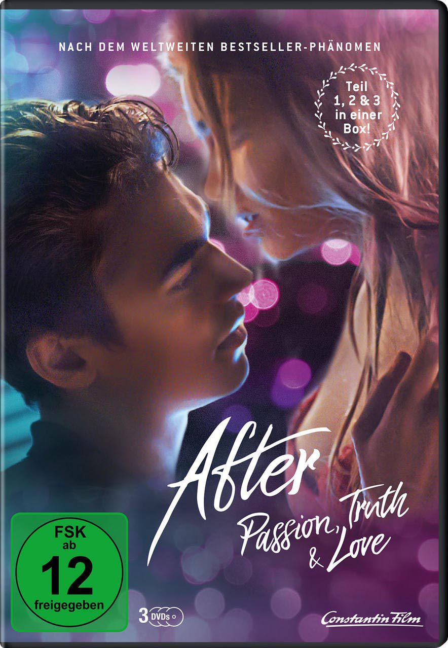 Ein DVD-Cover mit einem Paar in Umarmung, dem Titel 'After: Passion, Truth & Love' und dem FSK-Logo.