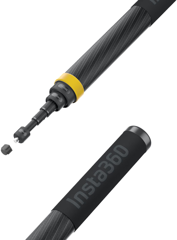 Ein schwarzer und gelber Insta360 Selfie-Stick, ausgefahren, mit abgetrenntem Abschnitt.
