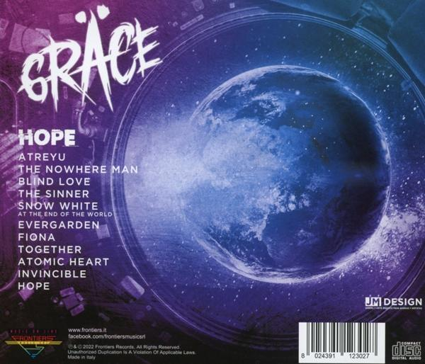 Albumcover mit Bandnamen GRACE, Albumtitel HOPE, Trackliste und einem Planeten.