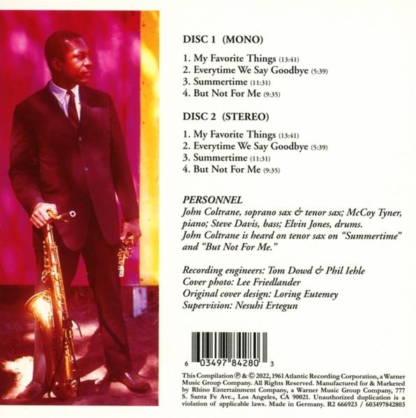 Albumcover für John Coltrane, mit einem Mann, der ein Saxophon hält. Titelliste auf der Rückseite.