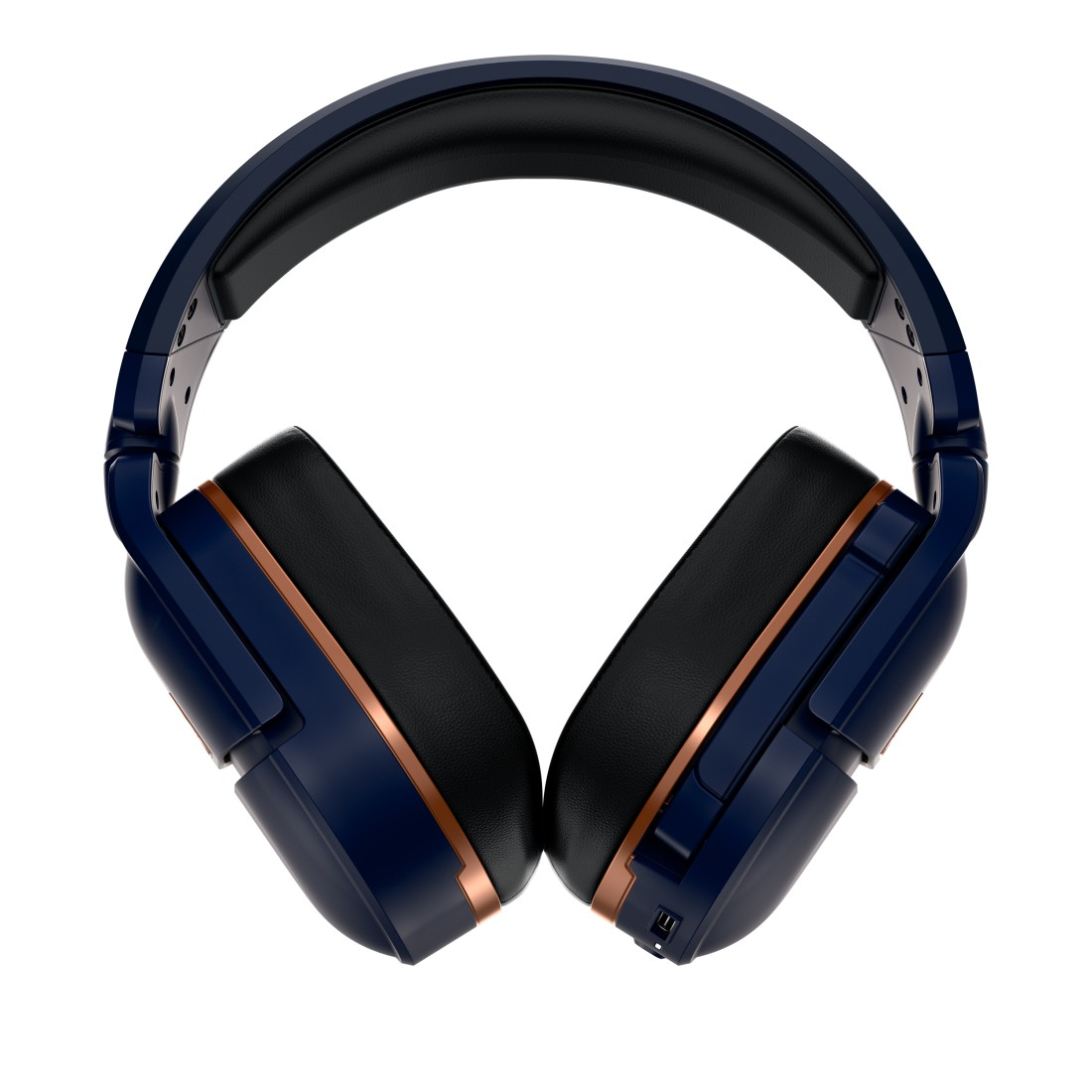 Over-Ear-Kopfhörer, marineblau mit schwarzen Ohrmuscheln und roségoldenen Akzenten. Die Ohrmuscheln sind nach oben gedreht.