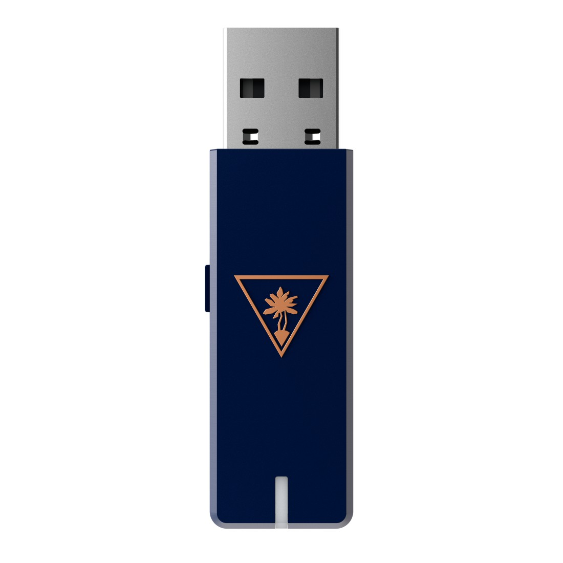 USB-Dongle, marineblauer Körper, goldenes Logo, weißer Hintergrund.