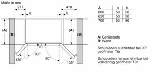 Ein Diagramm zeigt Abmessungen und Winkel für ein eingebautes Küchengerät.