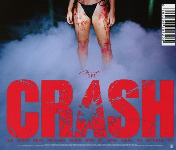 Albumcover mit einer Frau in einem schwarzen Bikini mit Blut. Roter Text 'CRASH' und Songtitel sind sichtbar.