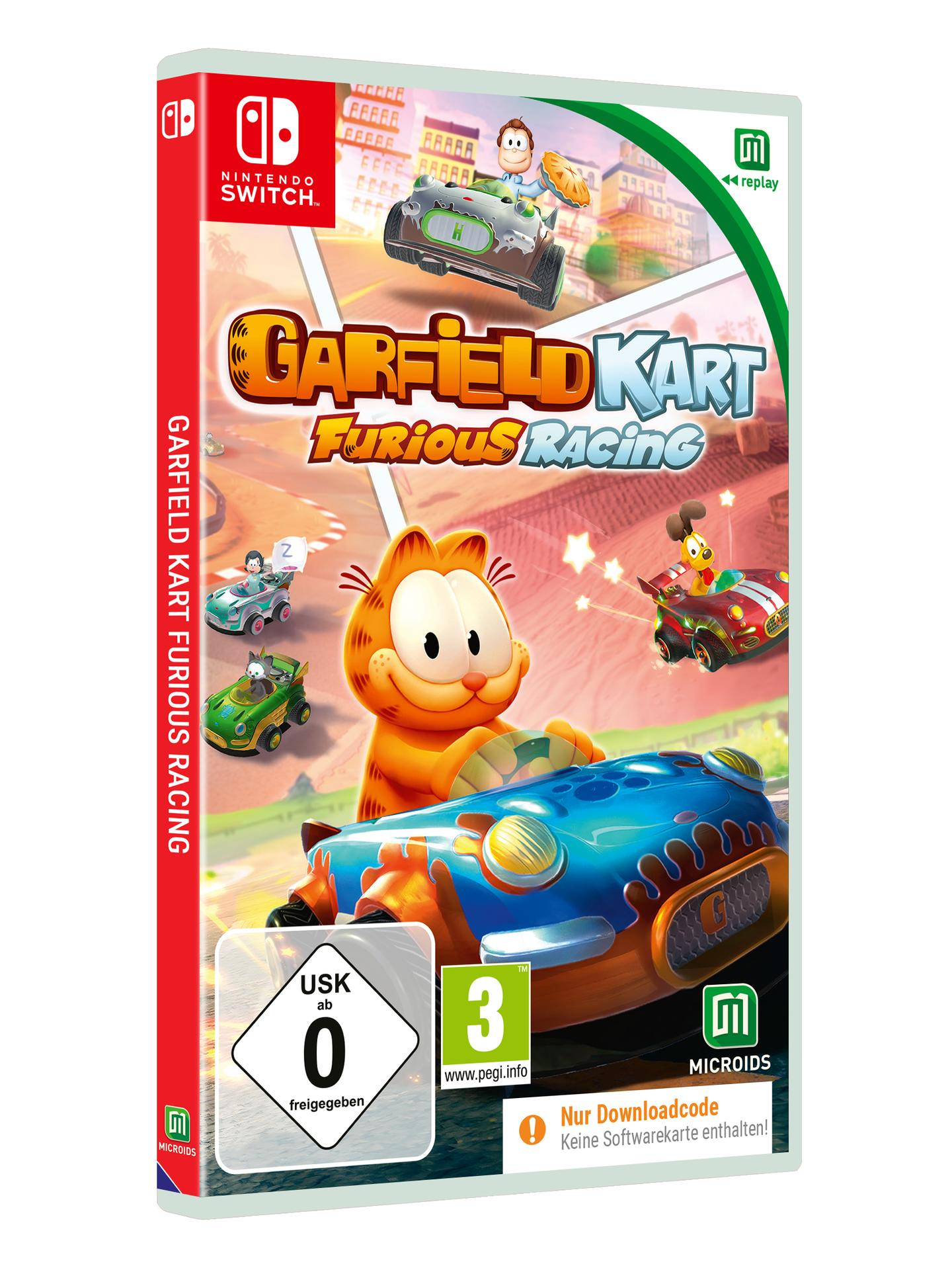 Eine Videospielbox für 'Garfield Kart: Furious Racing' auf Nintendo Switch.
